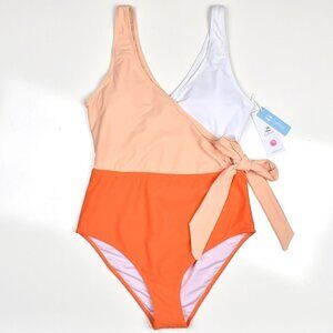 Cupshe Colorblock One-Piece Swimsuit in White, Peach & Orange